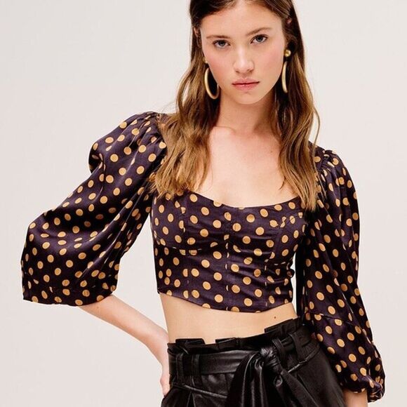 For Love & Lemons Lark orange dotted puff sleeve cropped blouse top Large - Picture 1 of 7